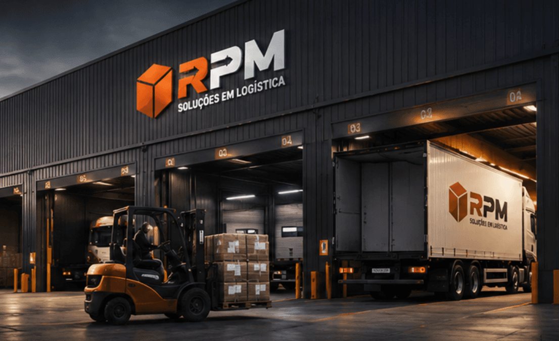 Empilhadeira movimentando pallet em frente às docas do centro de distribuição da RPM